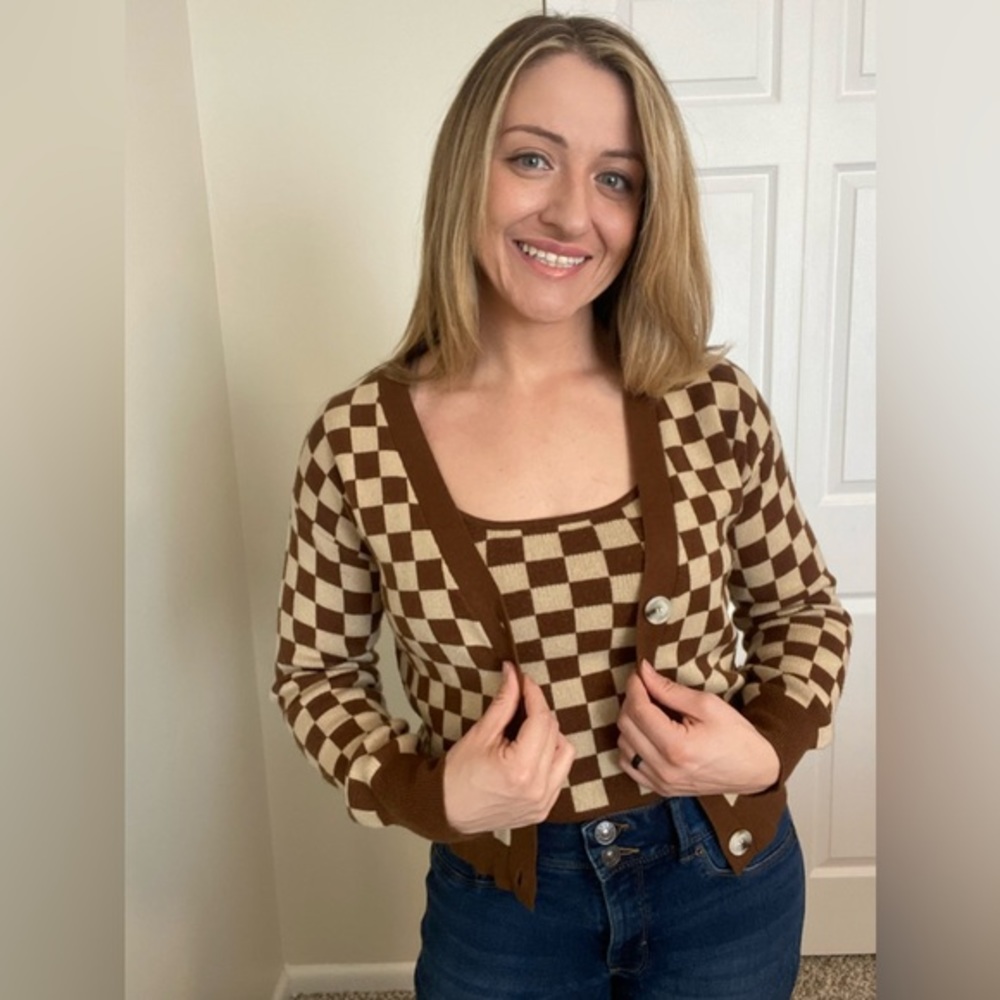 Willow & Wind Checkered Brown & Tan Cardigan with Matching Tank - Size Medium